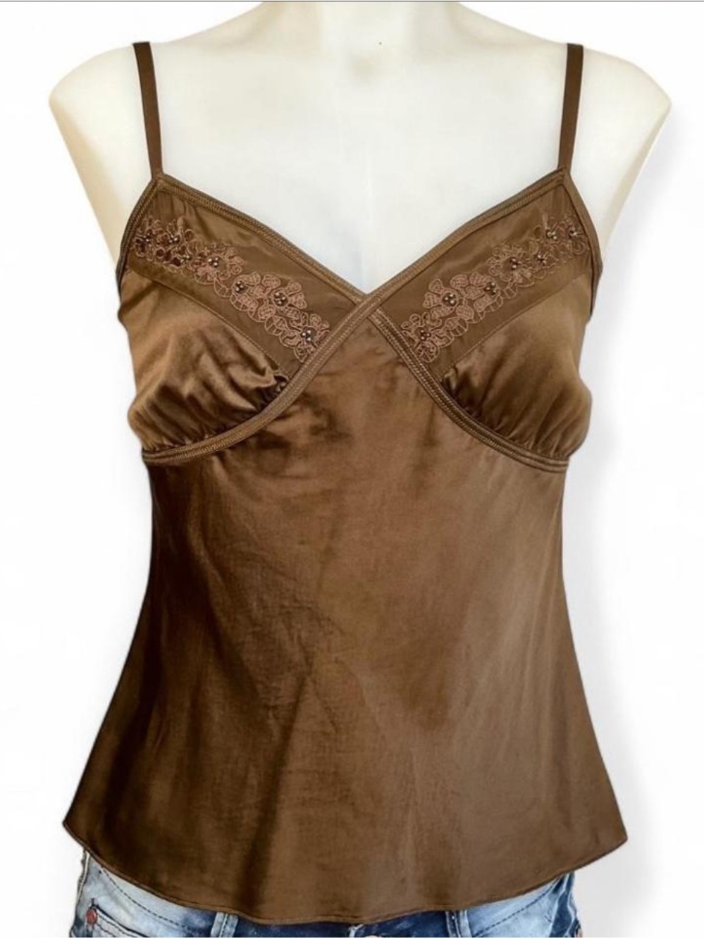 Vtg Liz Claiborne | Y2K Brown 100% Silk Beaded Cami Top | S